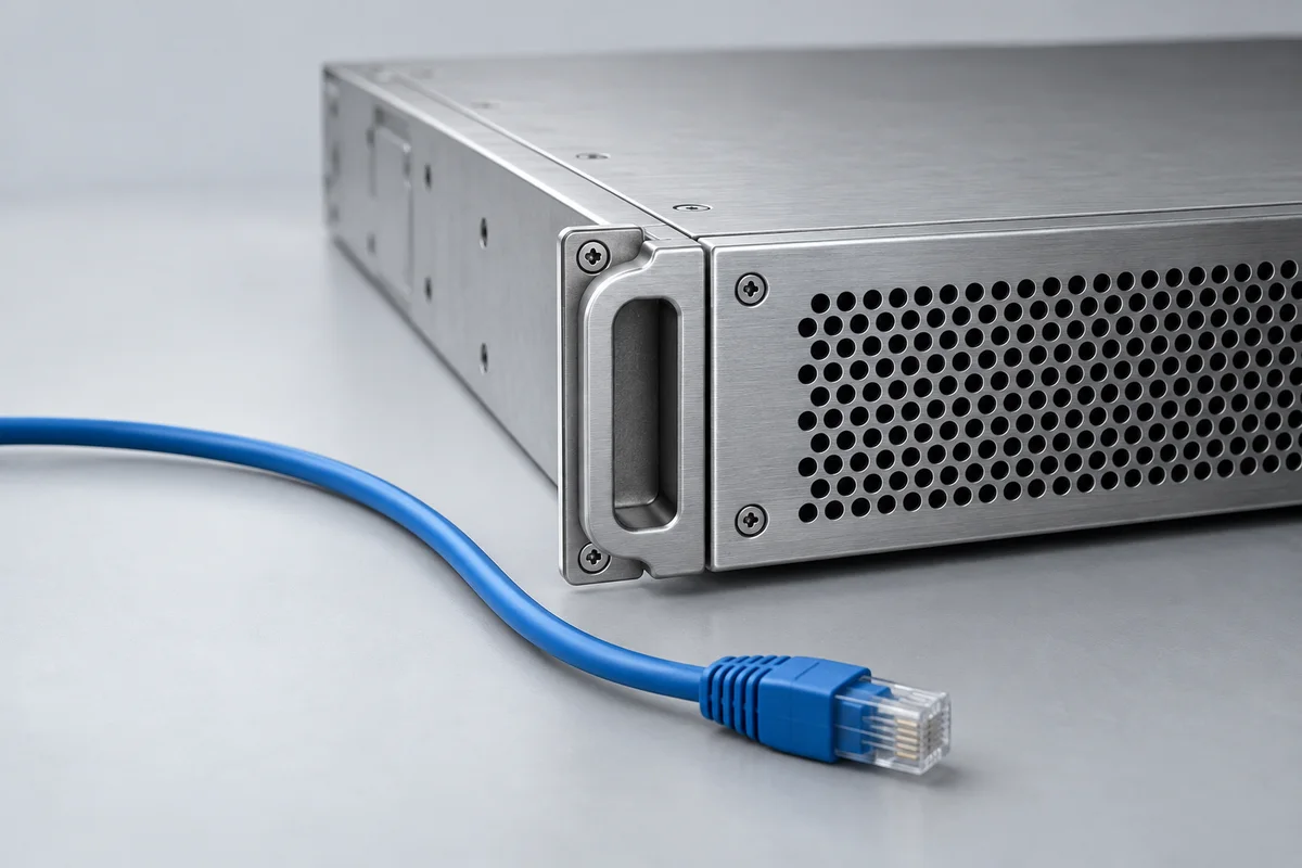 Illustration of a brushed aluminium server chassis with a blue network cable